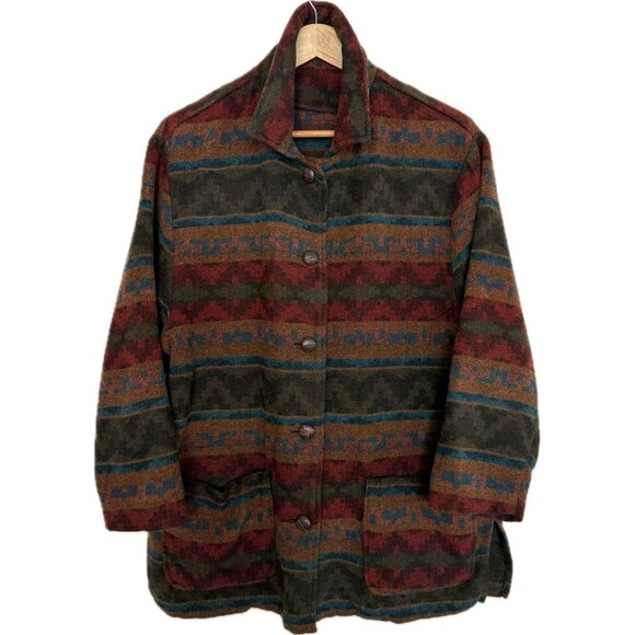 Vintage Aztec Jacket Women Large Petite Tan Red 90s Blanket Print Chore Coat - Picture 1 of 15